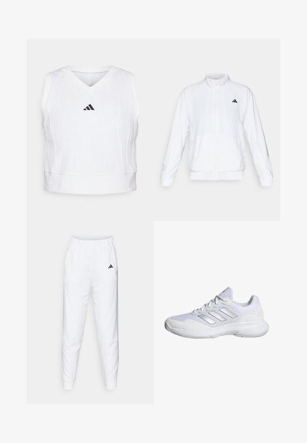 Balta sportinė striukė su aukštu apykakle, ilgomis rankovėmis ir užtrauktuku priekyje. Viršutinėje kairėje pusėje yra juodas logotipas. Lygus audinys.; adidas Performance TENNIS PRO AEROREADY CROP - Viršus - white; Balti sportiniai kelnių su elastine juosta ir rankogaliais. Turintys šonines kišenes ir mažą juodą logotipą kairėje šlaunyje. Lygi audinio apdaila.; Balti sportiniai bateliai su tinkliniu viršumi, tekstūruotomis detalėmis ir sidabriniais akcentais. Yra paminkštintas padas ir apvalus pirštas.