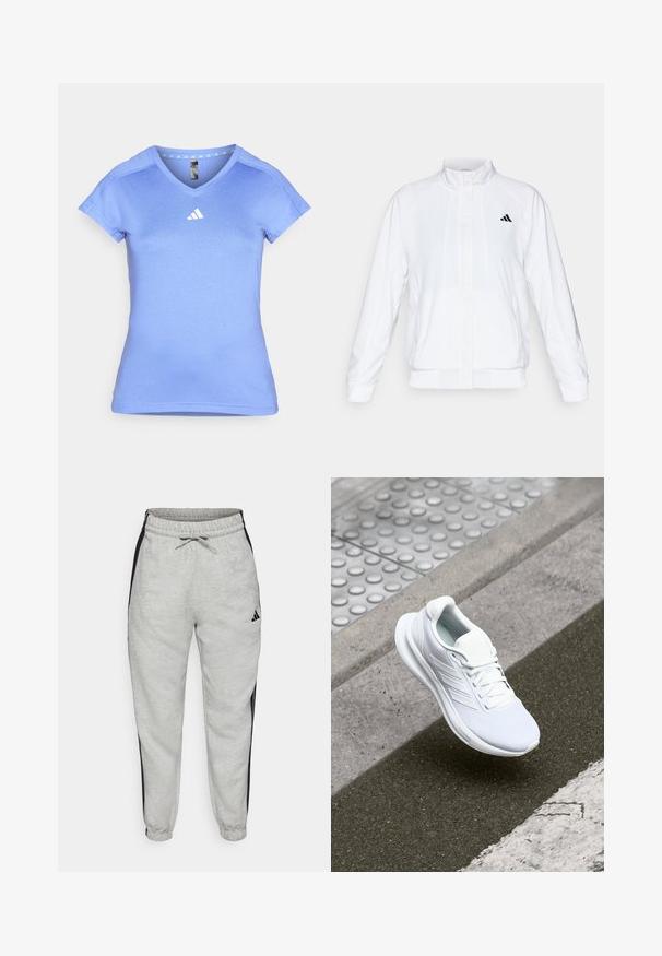Chaqueta deportiva blanca con cuello alto, mangas largas y cierre de cremallera frontal. Presenta un logo negro en la parte superior izquierda. Textura suave.; Camiseta deportiva de color azul claro con mangas cortas, diseño de cuello en V y logo blanco de Adidas en el pecho. Fabricada en una tela suave y ligera.; Pantalones de chándal gris claro con rayas laterales negras, cinturilla elástica y cordón. Fabricados en una tela suave con puños acanalados en los tobillos.; Zapatilla deportiva blanca con parte superior de malla, diseño de cordones y suela texturizada. Branding sutil y detalles de construcción sin costuras visibles.