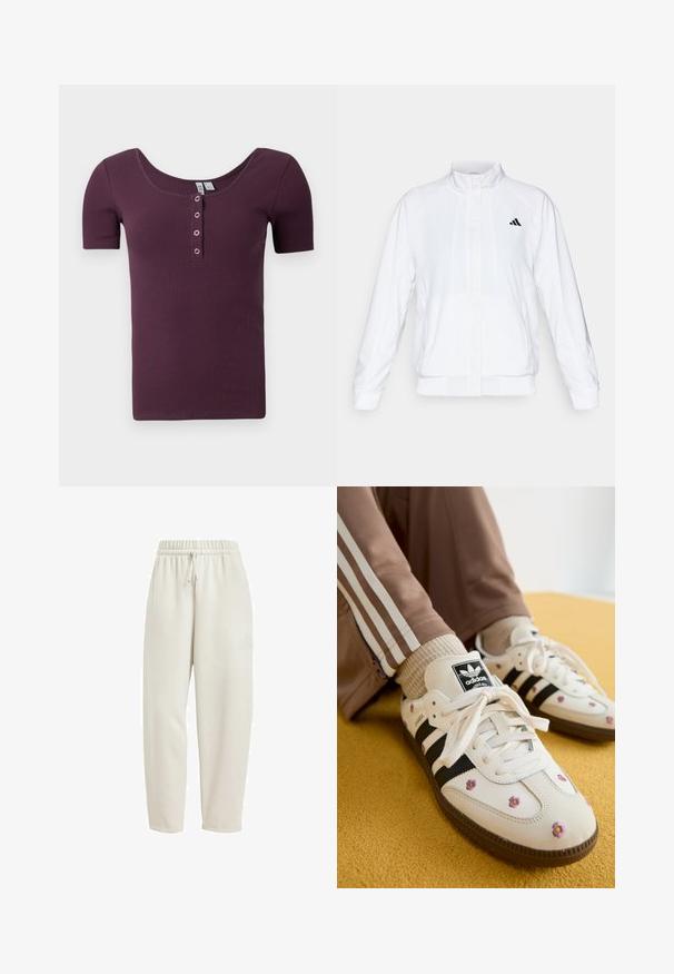 White athletic jacket with a stand-up collar, long sleeves, and a zip front. Features a black logo on the upper left side. Smooth texture.; Short-sleeve, ribbed plum purple henley shirt with scoop neck and four silver snap buttons on front placket.; Light beige sweatpants made from soft fabric, featuring an elastic waistband with a drawstring and a subtle logo accent on the side.; White leather sneakers with three black stripes and floral embroidery in purple and yellow. Brown rubber sole. Paired with beige ribbed socks.