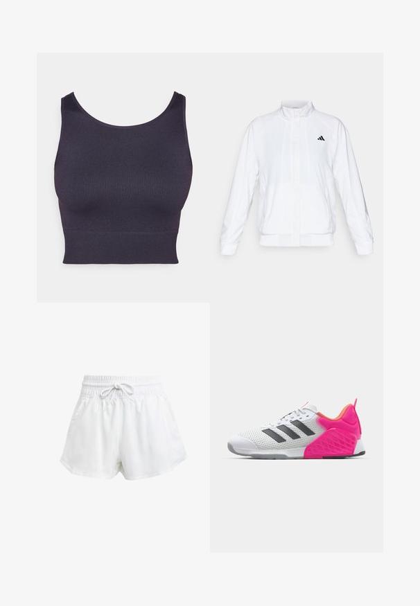Fehér sportdzseki álló gallérral, hosszú ujjal és cipzáros elülső résszel. A bal felső oldalon fekete logó található. Simább textúrája van.; Sötétlila sportrózsa bordázott anyagból, kerek nyakkivágással és testhezálló, crop fazonnal. Simaszerű textúra, látható hardver nélkül.; Fehér sportcipőnadrág rugalmas derékrésszel és állítható húzózsinórral. Könnyű anyagból készült, oldalzsebekkel rendelkezik és laza szabású.; Fehér sportcipő szürke csíkokkal, hálós felsőrész, rózsaszín sarkal és kiegészítőkkel. Szerkezete textúrázott sarokkal és gumitalppal rendelkezik. Fűzővel és párnázott gallérral.