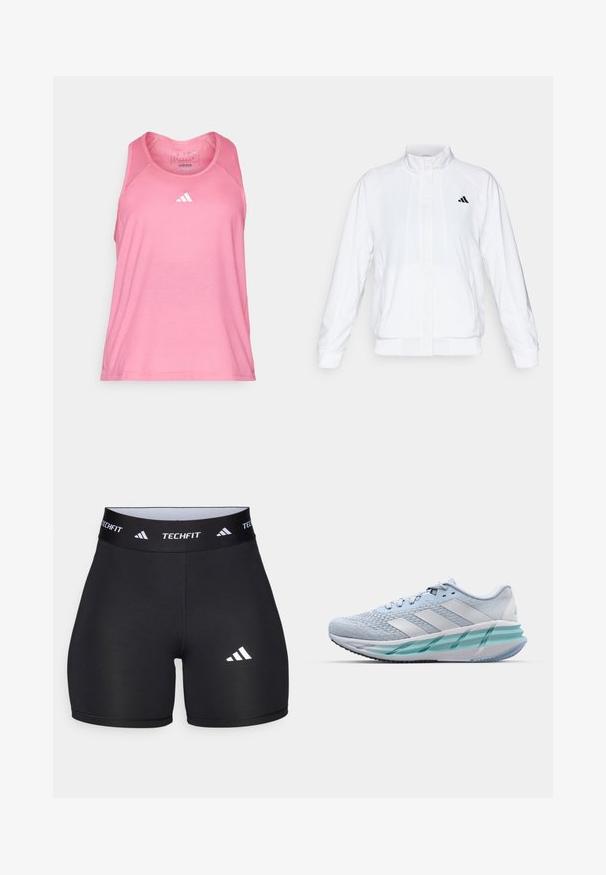 Biała sportowa kurtka z kołnierzem stójkowym, długimi rękawami i zapięciem na zamek. Posiada czarne logo po lewej stronie u góry. Gładka tekstura.; Różowy, bezrękawnik sportowy z okrągłym dekoltem, wykonany z lekkiego materiału, z małym białym logo Adidas z przodu.; Czarne szorty wykonane z elastycznej tkaniny o dopasowanym kroju. Posiadają szeroki czarny pas z napisem "TECHFIT" oraz biały logo na nodze.; Jasnoniebieskie buty sportowe z teksturowaną cholewką z dzianiny, białymi akcentami i przezroczystą zieloną podeszwą środkową. Okrągły czubek i wyściełany kołnierz.
