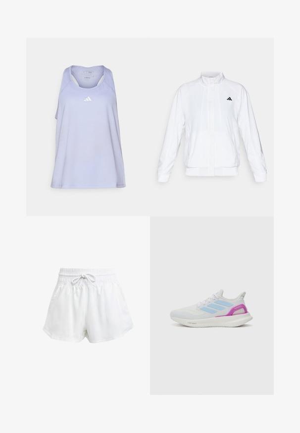 Fehér sportdzseki álló gallérral, hosszú ujjal és cipzáros elülső résszel. A bal felső oldalon fekete logó található. Simább textúrája van.; Világosszürke sportos tank top, hátrahúzott dizájnnal. Az elülső részen egy kis fehér Adidas logó található. Simára és lélegző anyagból készült.; Fehér sportcipőnadrág rugalmas derékrésszel és állítható húzózsinórral. Könnyű anyagból készült, oldalzsebekkel rendelkezik és laza szabású.; adidas Performance PUREBOOST 5 - Utcai futócipők - white/glow blue/purple burst
