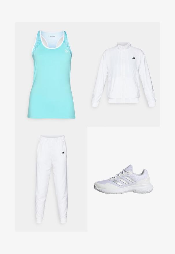 White athletic jacket with a stand-up collar, long sleeves, and a zip front. Features a black logo on the upper left side. Smooth texture.; Turquoise athletic tank top featuring a racerback design, white trim, and a patterned accent on the shoulders for enhanced breathability.; White athletic pants with elastic waistband and cuffs. Features side pockets and a small black logo on the left thigh. Smooth fabric finish.; White athletic shoe with mesh upper, textured panels, and silver accents. Features a cushioned sole and round toe design.