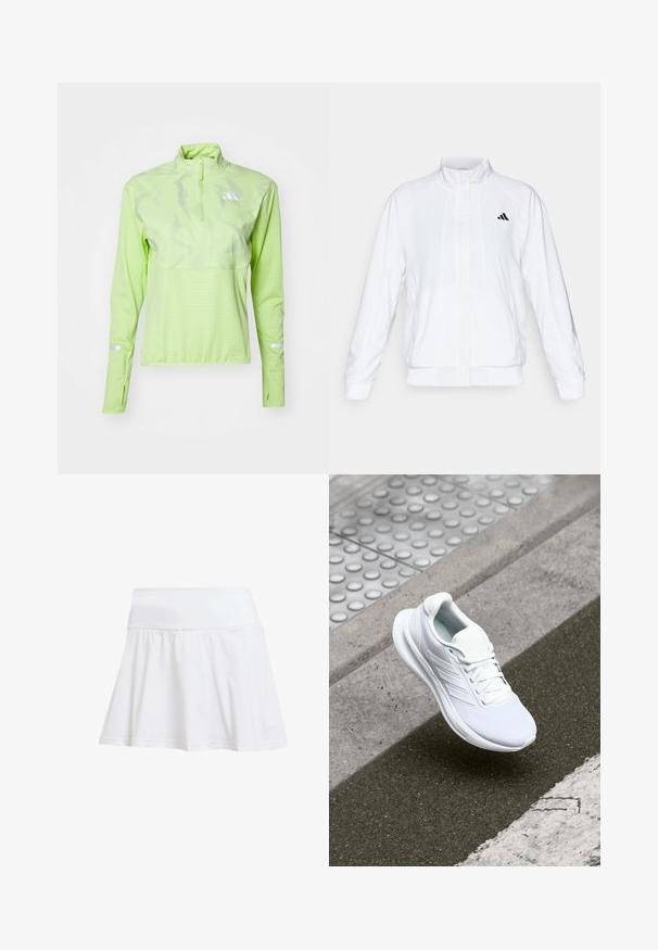 White athletic jacket with a stand-up collar, long sleeves, and a zip front. Features a black logo on the upper left side. Smooth texture.; adidas Performance ULTIMATE VIS REFLECTIVE 1/2-ZIP - Long sleeved top - pulse lime; White athletic skirt with a fitted waist and flared bottom. Made from a lightweight, breathable fabric with a smooth texture.; White athletic shoe featuring a mesh upper, lace-up design, and textured sole. Subtle branding and seamless construction details visible.