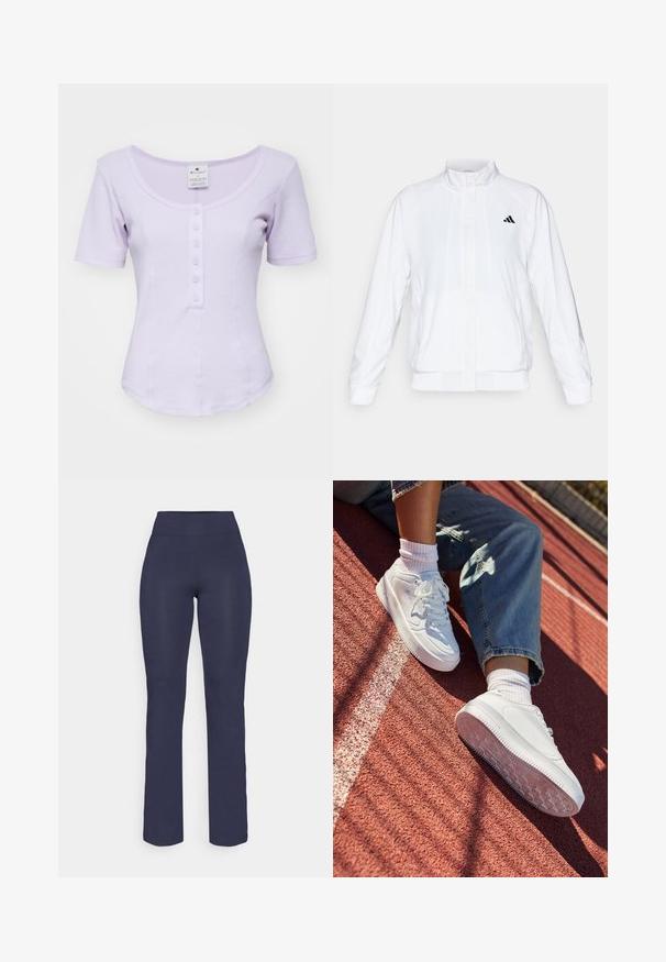 Balta sportinė striukė su aukštu apykakle, ilgomis rankovėmis ir užtrauktuku priekyje. Viršutinėje kairėje pusėje yra juodas logotipas. Lygus audinys.; Lavandų spalvos trumpomis rankovėmis viršus su apvaliu iškirpimu, pasižymintis mygtukų užtrauktuku priekyje ir prigludusia, riebiu tekstūru.; Tamsiai mėlynos, priglundančios jogos kelnės su aukštu juosmeniu ir tiesiomis kojomis, pagamintos iš lygios, elastingos medžiagos. Nėra matomų raštų ar akcentų.; Balti odiniai sportbačiai su perforuota nosimi, plokščiomis raištelėmis ir guminiais padangais. Apsirengti su baltais kojiniais ir šviesiai mėlynais džinsais, raudoname bėgimo take.