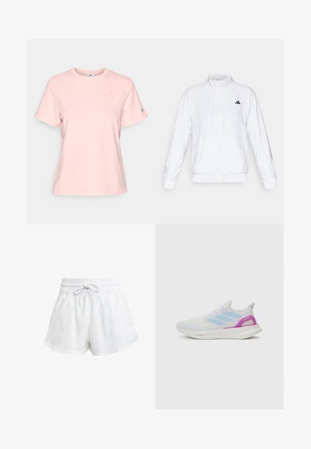 Bela atletska jakna s visokim ovratnikom, dolgimi rokavi in zadrgo spredaj. Ima črni logotip na zgornji levi strani. Gladka tekstura.; Svetlo roza majica s kratkimi rokavi iz bombaža, z majhnim vezenim logotipom na prsih in logotipom na rokavu.; Bela športna kratka hlače z elastičnim pasom in nastavljivim vrvico. Narejena iz lahkega materiala, z bočnimi žepi in ohlapnim prilegajočim se krojem.; adidas Performance PUREBOOST 5 - Tekaški copati za cesto - white/glow blue/purple burst