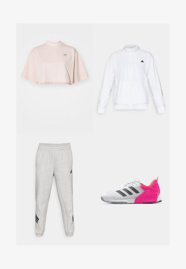 Bílá sportovní bunda se stojáčkem, dlouhými rukávy a zipem vpředu. Obsahuje černé logo na horní levé straně. Hladká textura.; Zkrácený tričko z jemné růžové bavlny, s vysokým límcem a krátkými, širokými rukávy. Obsahuje decentní kulatý logo detail na hrudi.; Světle šedé teplákové kalhoty s žebrovaným elastickým pasem, zúženými nohavicemi a třemi černými diagonálními pruhy blízko manžet. Hladká textura.; Bílé sportovní boty s šedými pruhy, síťovaným svrškem a růžovou patou a akcenty. Obsahuje texturovanou patu a gumovou podrážku. Tkaničky a polstrovaný límec.