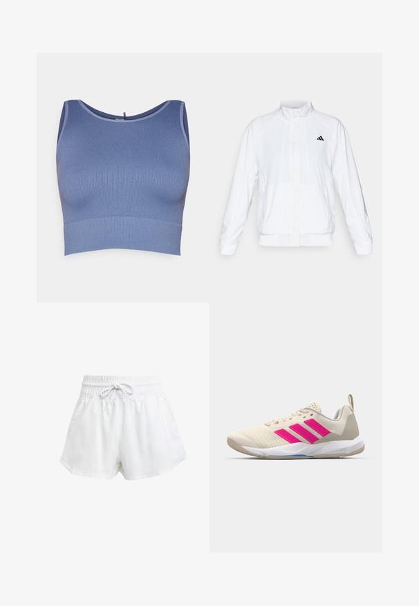 Balta sportinė striukė su aukštu apykakle, ilgomis rankovėmis ir užtrauktuku priekyje. Viršutinėje kairėje pusėje yra juodas logotipas. Lygus audinys.; Mėlynas surištas trumpas topas su apvaliu iškirpimu ir aptemptu dizainu. Medžiaga pasižymi lygiu tekstūru, o kraštai accentuoti kontrastingomis siūlėmis.; Baltos sportinės šortai su elastinga juostos juosta ir reguliuojama raišteliu. Pagaminti iš lengvo audinio, turi šonines kišenes ir laisvą siluetą.; Bežiniai sportiniai bateliai su rožinėmis trimis juostomis, tekstūruota tinklelio viršutinė dalis, paminkštinta apykaklė ir balta guma neslystančia padu, turintys "LIGHTSTRIKE" prekės ženklą.