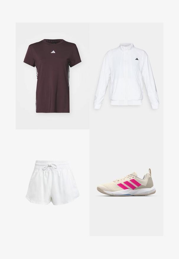 Bílá sportovní bunda se stojáčkem, dlouhými rukávy a zipem vpředu. Obsahuje černé logo na horní levé straně. Hladká textura.; adidas Performance Sportovní tričko - shadow brown/white; Bílé sportovní kraťasy s elastickým pasem a nastavitelnou šňůrkou. Vyrobené z lehkého materiálu, s bočními kapsami a volným střihem.; Béžová sportovní obuv s růžovým logem tří pruhů, texturovaným síťovaným svrškem, polstrovaným límcem a bílou gumovou podešví, s označením "LIGHTSTRIKE".