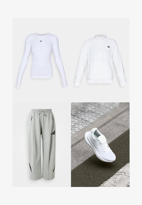 Jachetă sport albă cu guler înalt, mâneci lungi și închidere cu fermoar. Prezintă un logo negru în partea stângă sus. Textură netedă.; Cămașă sport albă cu mânecă lungă, dintr-un material elastic, cu guler rotund și un mic logo negru în zona pieptului.; Pantaloni de trening gri deschis dintr-un material moale, cu talie elastică, șnur și accente negre pe buzunare și pe laterale.; Pantofii sport albi au un material superior din plasă, design cu șireturi și o talpă texturată. Detalii discrete de branding și o construcție fără cusături sunt vizibile.