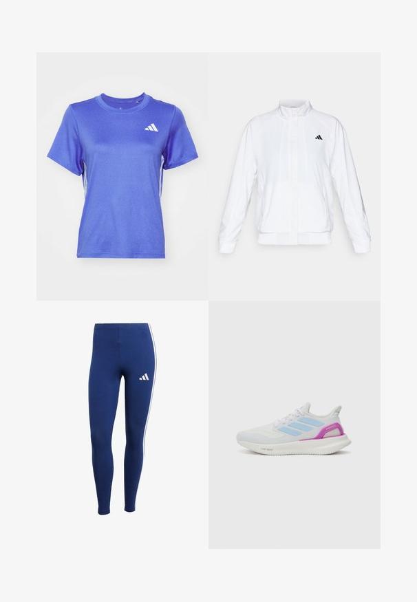 Biała sportowa kurtka z kołnierzem stójkowym, długimi rękawami i zapięciem na zamek. Posiada czarne logo po lewej stronie u góry. Gładka tekstura.; Niebieska koszulka sportowa wykonana z gładkiego, lekkiego materiału. Krótkie rękawy, okrągły dekolt, z białym logo i paskami po bokach.; Granatowe legginsy z białymi paskami po bokach i logo marki na dolnej części nogawki. Wykonane z elastycznego materiału dla komfortu i swobody ruchu.; adidas Performance PUREBOOST 5 biały