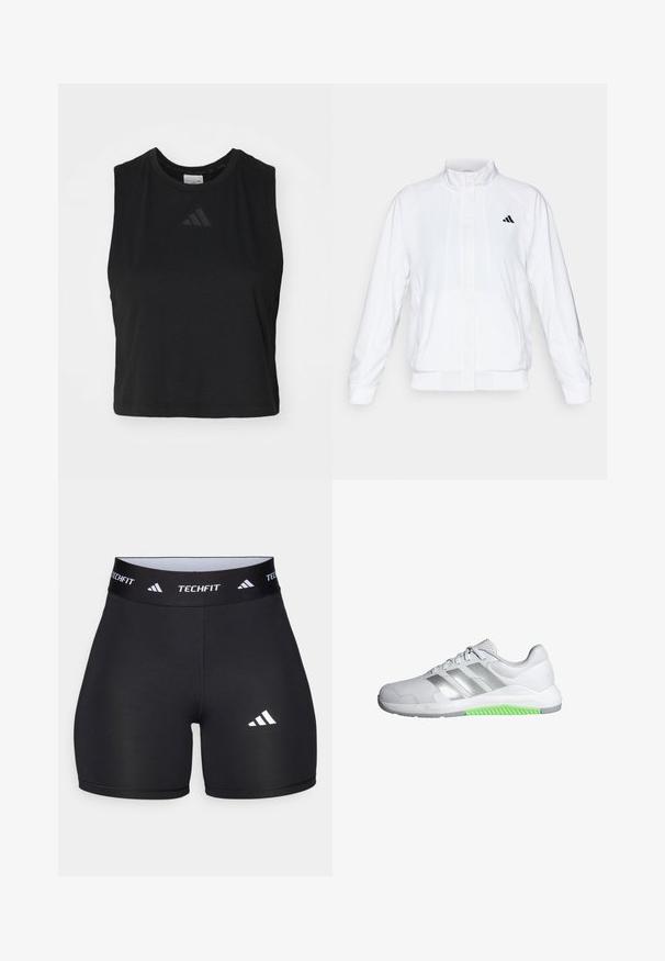 Bela atletska jakna s visokim ovratnikom, dolgimi rokavi in zadrgo spredaj. Ima črni logotip na zgornji levi strani. Gladka tekstura.; Črn skrajšan brezrokavnik iz mehkega materiala, s kroglo izrezom in diskretno embosirano logotipom na prsih.; Črne kratke hlače iz elastične tkanine s prilegajočim dizajnom. Imajo širok črn pas z oznako "TECHFIT" in belo logo na nogi.; Bela atletska čevlja z mrežasto zgornjimi deli, reflektivnimi srebrnimi črtami in zelenim gumijastim podplatom. Ima zavezovanje z vezalkami in oblazinjen ovratnik za udobje.