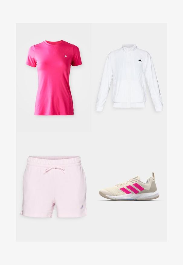 Vit idrottsjacka med ståkrage, långa ärmar och dragkedja fram. Innehåller en svart logotyp på övre vänstra sidan. Slät textur.; Kortärmad, rundhalsh t-shirt i stark rosa tyg, med en liten vit logotyp på vänster bröstområde och en slät yta.; Ljusrosa bomullsshorts med elastisk midja, knutna med dragsko. Har sidoflikar och en liten lila logotypdetalj.; Beige idrottssko med rosa tre-stripes logotyp, texturerad meshöverdel, vadderad krage och vit gummisula, med "LIGHTSTRIKE"-branding.