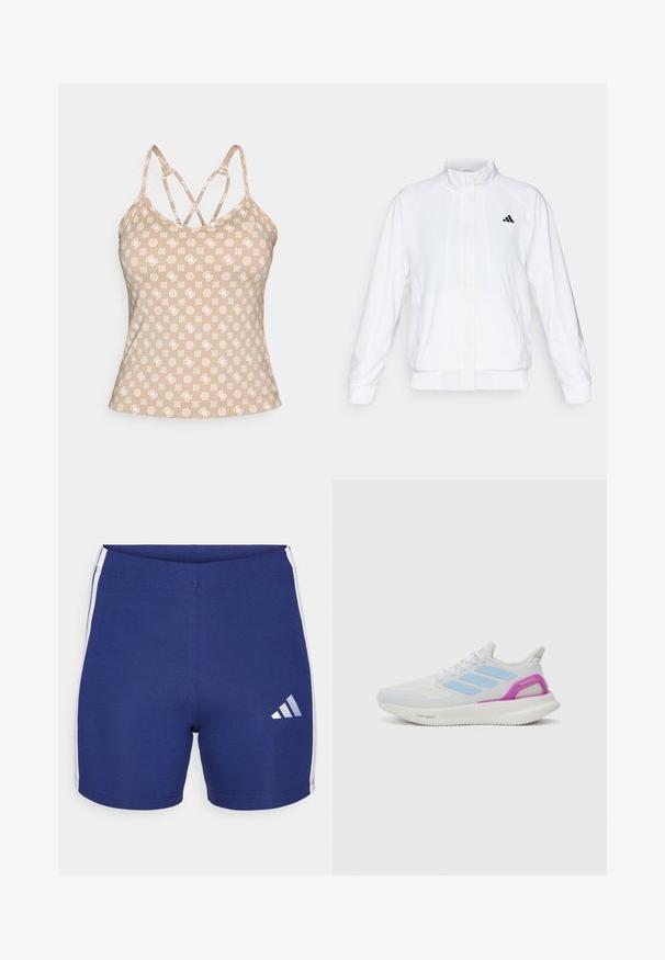 Balta sportinė striukė su aukštu apykakle, ilgomis rankovėmis ir užtrauktuku priekyje. Viršutinėje kairėje pusėje yra juodas logotipas. Lygus audinys.; Bežinė liemenė su baltomis pasikartojančiomis geometrinėmis raštais. Turi reguliuojamus kryžminius petnešėlius ir prigludusį dizainą. Lygi tekstūra.; Tamsiai mėlyni sportiniai šortai pagaminti iš tamprių audinių, su baltais šonų dryžiais ir atspindinčiu Adidas logotipu kairiajame šone.; adidas Performance PUREBOOST 5 - Bėgimo batai plentui - white/glow blue/purple burst