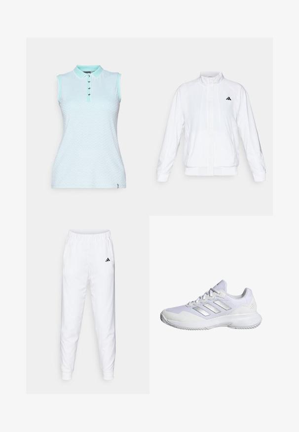Vit idrottsjacka med ståkrage, långa ärmar och dragkedja fram. Innehåller en svart logotyp på övre vänstra sidan. Slät textur.; Ärmlös pikétröja i ljusblått texturerat tyg, med krage, fem knappar fram och kontrasterande mintgröna detaljer.; Vitaid träningsbyxor med elastisk midja och muddar. Har sidofickor och en liten svart logotyp på vänster lår. Slät tygfinish.; Vitaid sportskor med mesh-övre, texturerade paneler och silverdetaljer. Har en vadderad sula och rund tådesign.
