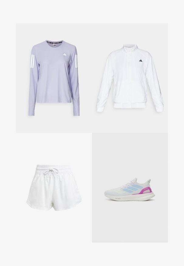 Vit idrottsjacka med ståkrage, långa ärmar och dragkedja fram. Innehåller en svart logotyp på övre vänstra sidan. Slät textur.; adidas Performance Långärmad tröja - violet tone; Vita träningsshorts med elastisk midja och justerbar dragsko. Tillverkade av lätt material, med sidofickor och en lös passform.; adidas Performance PUREBOOST 5 - Väglöparskor - white/glow blue/purple burst