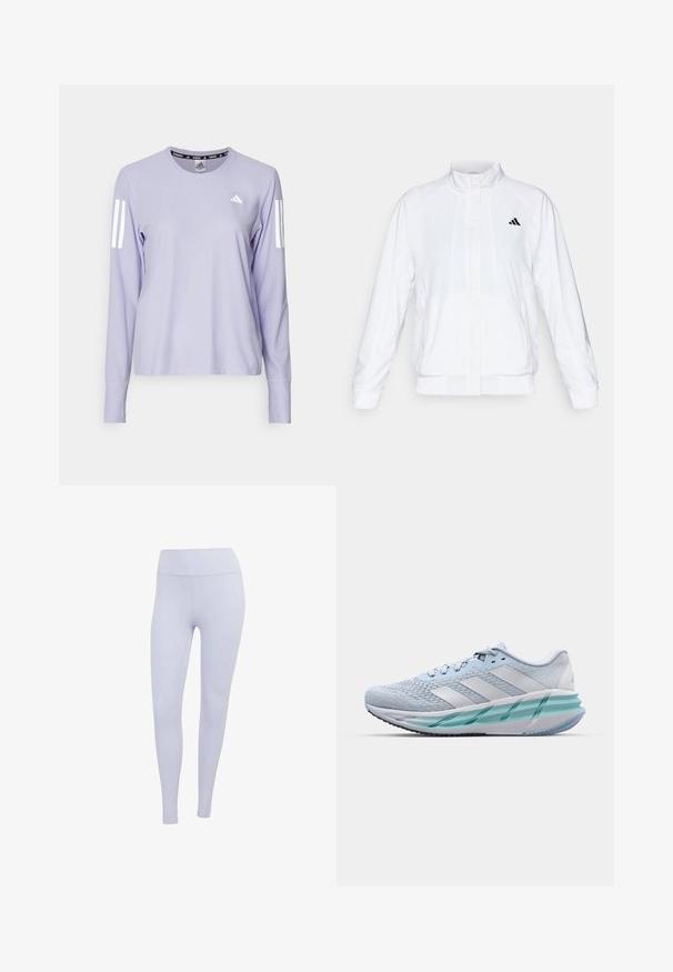 Bílá sportovní bunda se stojáčkem, dlouhými rukávy a zipem vpředu. Obsahuje černé logo na horní levé straně. Hladká textura.; adidas Performance Top s dlouhým rukávem - violet tone; Světlé fialové legíny vyrobené z pružného materiálu. Vysoký pas s hladkou texturou a bez viditelných švů nebo vzorů.; Světlomodré sportovní boty s texturovaným pleteným svrškem, bílými akcenty a průhledným zeleným mezipodešví. Oválná špička a polstrovaný límec.