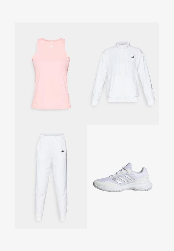 Biela športová bunda so stojatým golierom, dlhými rukávmi a zipsom vpredu. Obsahuje čierne logo na hornej ľavej strane. Hladká textúra.; adidas Performance CLUB TENNIS TANK - Top - pink spark; Biele športové nohavice s elastickým pásom a manžetami. Obsahujú bočné vrecká a malé čierne logo na ľavom stehne. Hladký povrch tkaniny.; Biele atletické tenisky s priedušnou sieťovinou, textúrovanými panelmi a striebornými akcentmi. Majú odpruženú podrážku a guľatý špičkový dizajn.