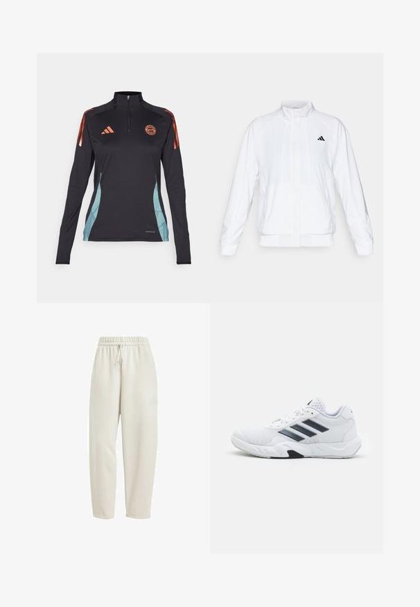 Giacca sportiva bianca con colletto alto, maniche lunghe e zip frontale. Presenta un logo nero nella parte superiore sinistra. Texture liscia.; Maglietta atletica nera a maniche lunghe con zip alla mezza, dettagli arancioni e pannelli laterali geometrici blu. Logo Adidas sul petto. Etichetta AEROREADY in fondo.; Pantaloni sportivi beige chiaro realizzati in tessuto morbido, dotati di una vita elasticizzata con cordino e un discreto logo laterale.; Scarpa sportiva bianca con tomaia in mesh, tre strisce nere sui lati, dettagli testurizzati e una suola in gomma robusta con una sezione nera a contrasto.