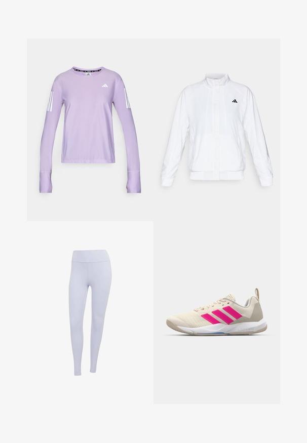 White athletic jacket with a stand-up collar, long sleeves, and a zip front. Features a black logo on the upper left side. Smooth texture.; Lilac long-sleeve athletic shirt made of textured fabric. Features three white stripes on each sleeve and a round neck with a black logo detail.; Light purple leggings made of stretchy fabric. High-waisted design with a smooth texture and no visible seams or patterns.; Beige athletic shoe with pink three-stripe logo, textured mesh upper, padded collar, and white rubber sole, featuring "LIGHTSTRIKE" branding.