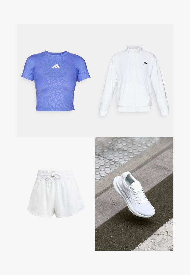 Bijela atletska jakna s uzdignutim ovratnikom, dugim rukavima i patentnim zatvaračem sprijeda. Ima crni logo na gornjem lijevom dijelu. Glatka tekstura.; Ljubičasta atletska majica s kratkim rukavima s teksturiranim uzorkom i bijelim logotipom na prsima. Ima okrugli izrez i uski kroj.; Bijele atletske šorceve s elastičnom strukom i podešavanjem pomoću vezice. Napravljeni su od laganog materijala, imaju bočne džepove i širok kroj.; Bijela atletska cipela s mrežastim gornjim dijelom, vezanjem i teksturiranom potplatom. Neprimjetni brend i detalji bešavne izrade su vidljivi.