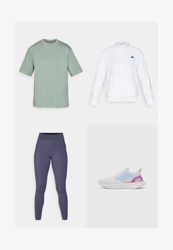 Balts sporta žakets ar stāvām apkaklēm, garām piedurknēm un rāvējslēdzēja priekšpusi. Tam ir melns logo augšējā kreisajā pusē. Gluda tekstūra.; Gaiši zaļa īsās piedurknes t-kreklā, izgatavota no mīksta auduma, piedāvā komplektu ar apaļu kakla izmēru un smalku logo, kas izdrukāts priekšā. Pamata, kastveida forma.; Augsti jostas leggins tumši pelēkā krāsā. Izgatavoti no elastīga auduma ar plakano šuvju un pieguļošu, sašaurinātu kāju dizainu.; adidas Performance PUREBOOST 5 - Apavi skriešanai pa asfaltu - white/glow blue/purple burst