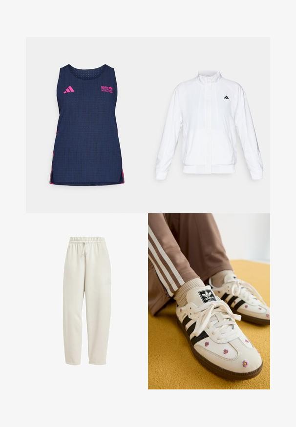Chaqueta deportiva blanca con cuello alto, mangas largas y cierre de cremallera frontal. Presenta un logo negro en la parte superior izquierda. Textura suave.; adidas Performance BER25 TANK - Top - collegiate navy; Pantalones de chándal color beige claro, fabricados con una tela suave, que presentan una cintura elástica con cordón y un acento sutil del logo en el costado.; Zapatillas de piel blanca con tres rayas negras y bordado floral en púrpura y amarillo. Suela de goma marrón. Combinadas con calcetines beige con canalé.