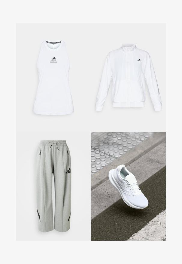 Chaqueta deportiva blanca con cuello alto, mangas largas y cierre de cremallera frontal. Presenta un logo negro en la parte superior izquierda. Textura suave.; Camiseta deportiva blanca sin mangas con escote redondo, aberturas laterales y logo de "LesMills" en negro. Hecha de material ligero y transpirable.; Pantalones de chándal gris claro hechos de una tela suave, con una cintura elástica, cordón de ajuste y detalles en negro en los bolsillos y los laterales.; Zapatilla deportiva blanca con parte superior de malla, diseño de cordones y suela texturizada. Branding sutil y detalles de construcción sin costuras visibles.