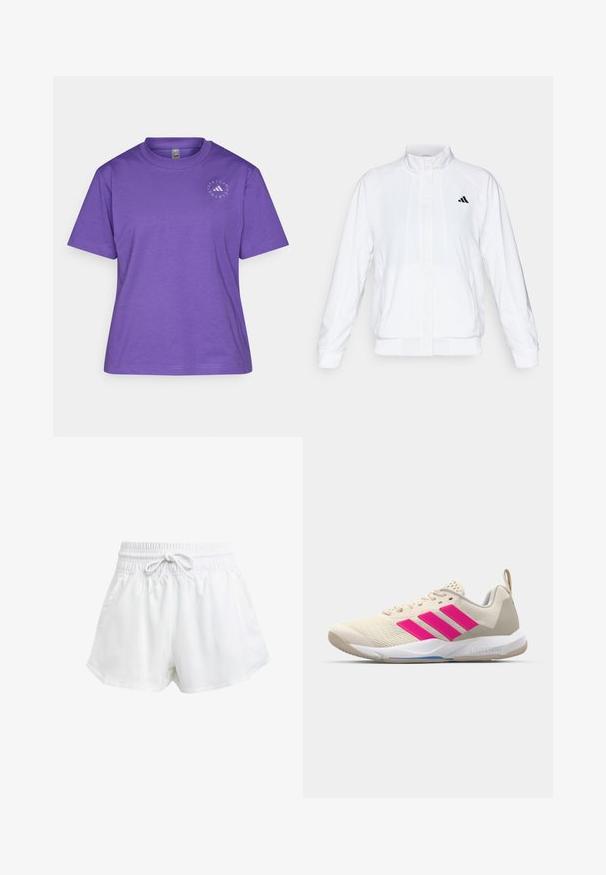 Balta sportinė striukė su aukštu apykakle, ilgomis rankovėmis ir užtrauktuku priekyje. Viršutinėje kairėje pusėje yra juodas logotipas. Lygus audinys.; Violet medvilnės marškinėliai su apvalia kaklo iškirpte, trumpomis rankovėmis ir apvaliu logotipo dizainu kairėje krūtinės pusėje.; Baltos sportinės šortai su elastinga juostos juosta ir reguliuojama raišteliu. Pagaminti iš lengvo audinio, turi šonines kišenes ir laisvą siluetą.; Bežiniai sportiniai bateliai su rožinėmis trimis juostomis, tekstūruota tinklelio viršutinė dalis, paminkštinta apykaklė ir balta guma neslystančia padu, turintys "LIGHTSTRIKE" prekės ženklą.