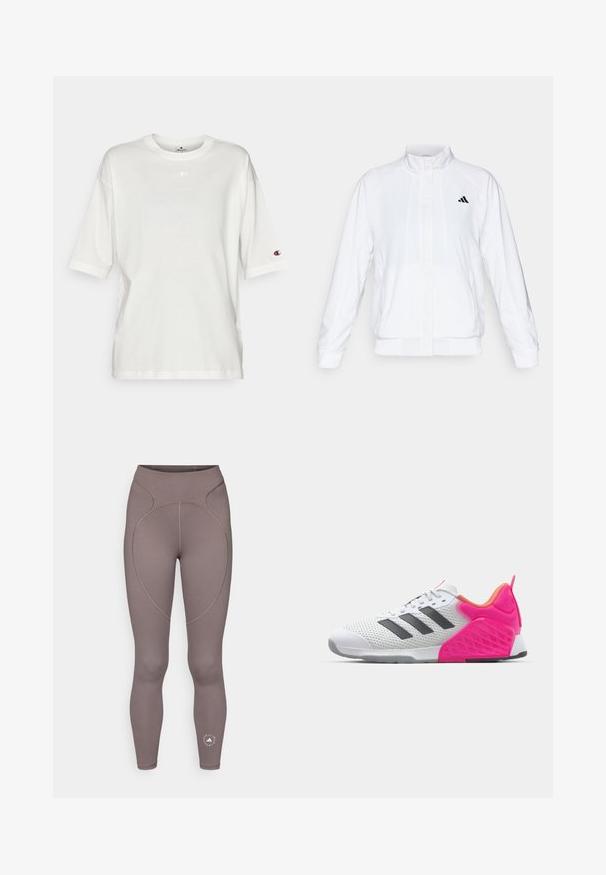 Giacca sportiva bianca con colletto alto, maniche lunghe e zip frontale. Presenta un logo nero nella parte superiore sinistra. Texture liscia.; Champion ICONS OVERSIZE CREWNECK - T-shirt con stampa - white; adidas by Stella McCartney Leggings - charcoal; Scarpa sportiva bianca con strisce grigie, parte superiore in rete e tallone e dettagli rosa. Presenta un tallone testurizzato e una suola in gomma. Lacci e collare imbottito.