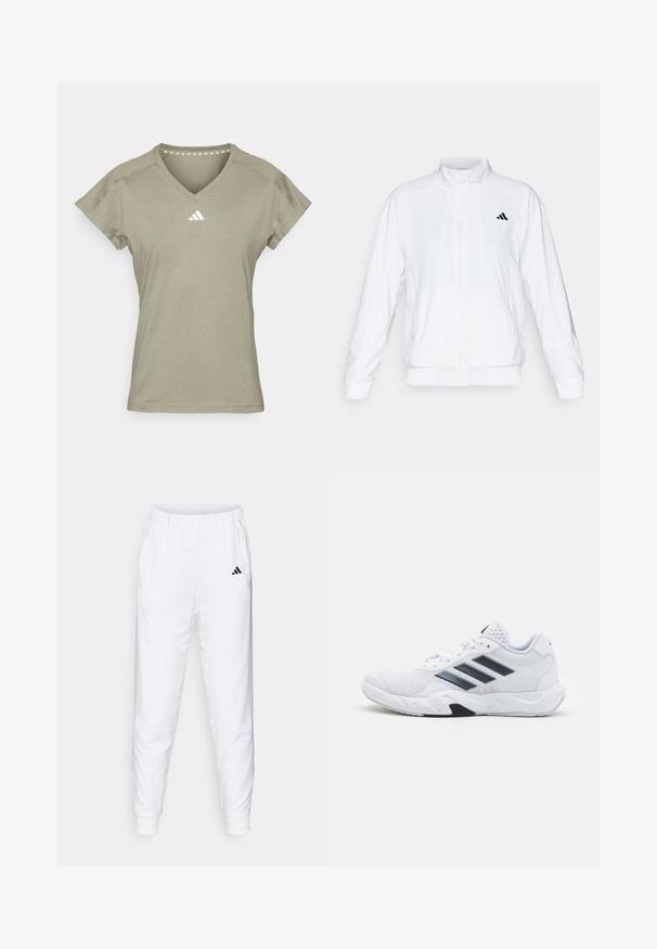 Chaqueta deportiva blanca con cuello alto, mangas largas y cierre de cremallera frontal. Presenta un logo negro en la parte superior izquierda. Textura suave.; adidas Performance Camiseta deportiva - silver pebble; Pantalones deportivos blancos con cintura y puños elásticos. Cuenta con bolsillos laterales y un pequeño logotipo negro en el muslo izquierdo. Acabado de tela suave.; Zapatilla deportiva blanca con parte superior de malla, tres franjas negras a los lados, acentos texturizados y una suela de goma resistente con una sección negra en contraste.