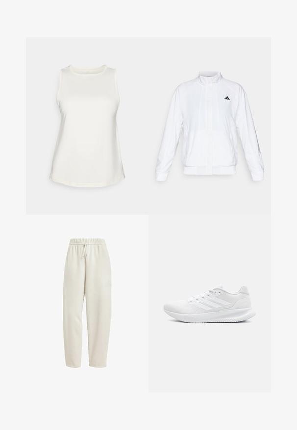 Valge spordijakk, millel on püsti krae, pikad varrukad ja lukuga eesmine osa. Ülemisel vasakul küljel on must logo. Sile tekstuur.; Suurte õlgadega valge särk siledast kangast, ringikujulise kaelusega ja ovaalse lõikega. Lihtne disain ilma mustrite või dekoratsioonideta.; Kergedbeez värvi dressipüksid, mis on valmistatud pehmest kangast, elastse vöökoha ja nööriotsaga ning külje peal on peen logo aktsent.; Valged spordijalatsid, mis on valmistatud võrkmaterjalist, millel on siledisain, ümmargune varvas, struktureeritud konts ja kolm triipu välisküljel.