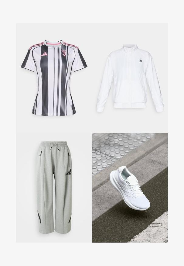 Valge spordijakk, millel on püsti krae, pikad varrukad ja lukuga eesmine osa. Ülemisel vasakul küljel on must logo. Sile tekstuur.; Valge ja must triibuline jalgpallidisain roosa aktsentidega, lühikeste varrukatega ja ümarale kaelusele. Kannab Adidas logo ja klubi emblämi.; Heledad hallhalli veel pehmetest kangast valmistatud dressipükste, millel on elastne vöökoht, nöör ja mustad aktsendid taskutel ja külgedel.; Valge sportlik king, millel on pehme võrkkangast pealis, nööriga kinnitus ja tekstureeritud tallad. Õrnad brändimistooted ja sujuvad konstruktsioonid on nähtavad.
