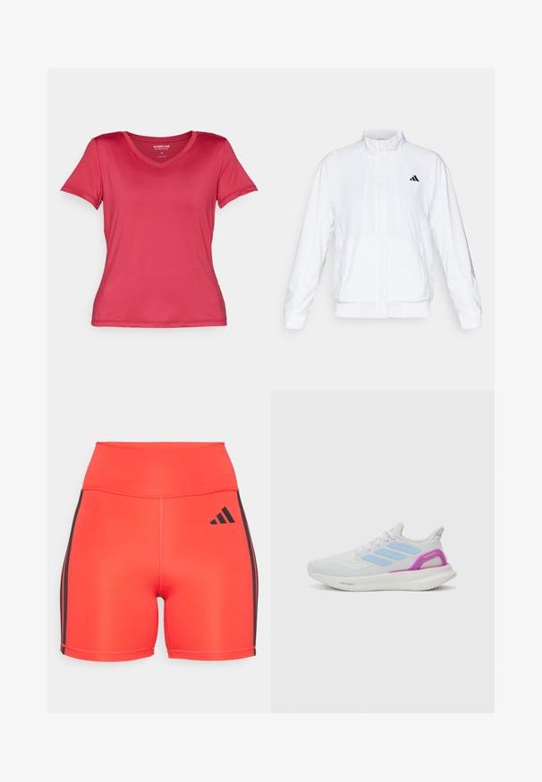 Biela športová bunda so stojatým golierom, dlhými rukávmi a zipsom vpredu. Obsahuje čierne logo na hornej ľavej strane. Hladká textúra.; Tričko s krátkym rukávom a výstrihom do V v jasne ružovej farbe, vyrobené z hladkej, elastickej tkaniny. Má priliehavý strih s čistými líniami a bez viditeľných vzorov.; Žiarivo červené športové šortky s vysokým pásom, so čiernymi bočnými pruhmi a logom Adidas. Vyrobené z elastického materiálu pre pohodlie.; adidas Performance PUREBOOST 5 - Cestná bežecká obuv - white/glow blue/purple burst