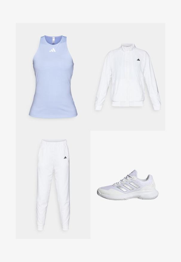 White athletic jacket with a stand-up collar, long sleeves, and a zip front. Features a black logo on the upper left side. Smooth texture.; adidas Performance Top - blue spark; White athletic pants with elastic waistband and cuffs. Features side pockets and a small black logo on the left thigh. Smooth fabric finish.; White athletic shoe with mesh upper, textured panels, and silver accents. Features a cushioned sole and round toe design.
