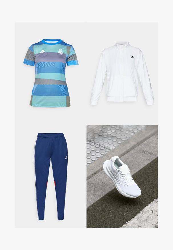 Biela športová bunda so stojatým golierom, dlhými rukávmi a zipsom vpredu. Obsahuje čierne logo na hornej ľavej strane. Hladká textúra.; Modrá a zelená športová dres s krátkymi rukávmi, okrúhlym výstrihom a vyšívaným logom klubu na hrudi.; Námořnické tepláky s bílými bočními pruhy, elastickým pasem a červenými akcenty poblíž lemu. Vyrobené z hladké, lehké látky.; Biele športové topánky s vrchnou časťou z sieťoviny, šnurovacia konštrukcia a textúrovaná podrážka. Zosilnené značkovanie a čisté detaily konštrukcie sú viditeľné.