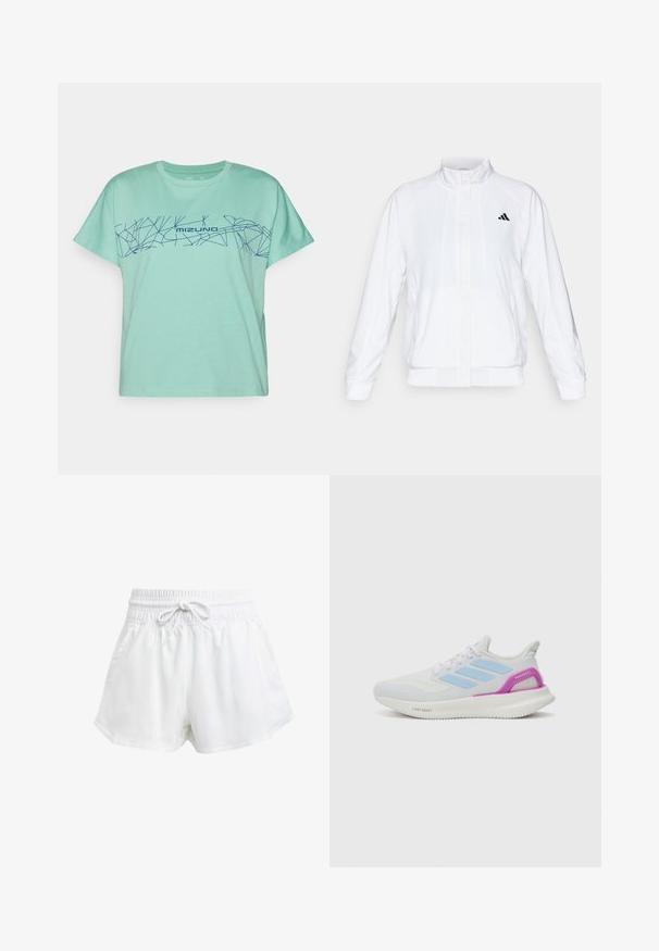Valge spordijakk, millel on püsti krae, pikad varrukad ja lukuga eesmine osa. Ülemisel vasakul küljel on must logo. Sile tekstuur.; Mündroheline T-särk, mis on valmistatud puuvillast, millel on tumesinise geomeetrilise joonekujundusega ja "MIZUNO" tekst rinna ääres. Lühikesed varrukad, ümmargune kaelus.; Valged spordilühikesed püksid elastse vöökoha ja reguleeritava paelaga. Valmistatud kergest materjalist, küljetaskudega ja lõdva istuvusega.; adidas Performance PUREBOOST 5 - Maanteejooksu jalatsid - white/glow blue/purple burst