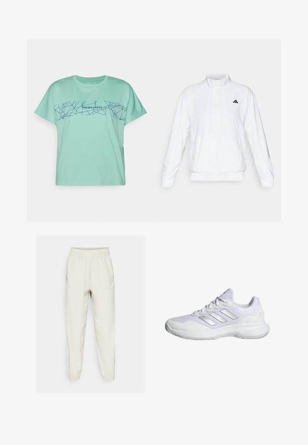 Bílá sportovní bunda se stojáčkem, dlouhými rukávy a zipem vpředu. Obsahuje černé logo na horní levé straně. Hladká textura.; Mint zelené tričko vyrobené z bavlny, s námořnickým geometrickým liniovým designem a textem "MIZUNO" přes hruď. Krátké rukávy, kulatý výstřih.; Světlé béžové sportovní kalhoty s elastickým pasem a manžetami na kotnících. Mají bílé postranní pruhy a malé logo na přední straně.; Bílé sportovní tenisky s vrchní částí ze síťoviny, texturovanými panely a stříbrnými akcenty. Disponují polstrovanou podrážkou a kulatou špičkou.
