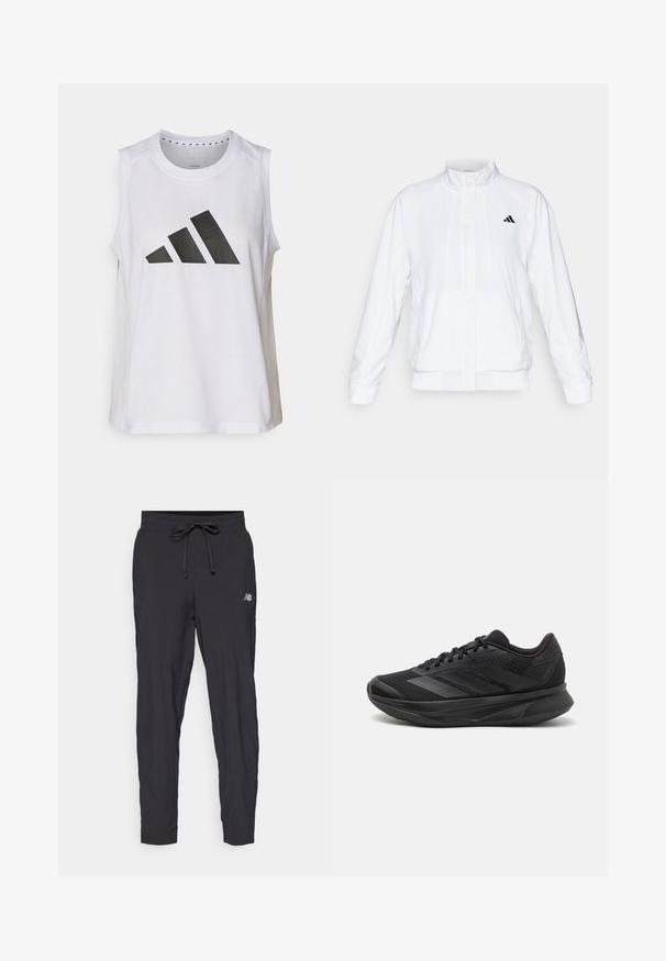 Vit idrottsjacka med ståkrage, långa ärmar och dragkedja fram. Innehåller en svart logotyp på övre vänstra sidan. Slät textur.; Vit ärmlös träningstopp med rund halsringning, med en stor svart Adidas-logotyp bestående av tre ränder på framsidan.; Svarta träningsbyxor i lätt material med elastisk midja och justerbart snöre. Har en liten logotyp på sidan.; Svart löparskor med ett andningsbart mesh-övre, rund tå, elegant design, texturerade accenter och en dämpad sula för komfort.