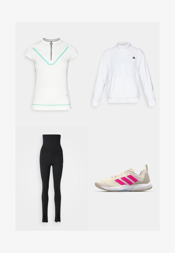 Bijela atletska jakna s uzdignutim ovratnikom, dugim rukavima i patentnim zatvaračem sprijeda. Ima crni logo na gornjem lijevom dijelu. Glatka tekstura.; Bijela kratka majica s kratkim rukavima i visokim ovratnikom, s patentnim zatvaračem, tirkiznim detaljima i suptilnim logom na donjoj strani. Glatka tekstura.; adidas by Stella McCartney Tajice - black; Bež sportska cipela s ružičastim logotipom u obliku tri pruge, gornjište od teksturirane mrežice, podstavljeni ovratnik i bijela gumena đon, s "LIGHTSTRIKE" brendom.