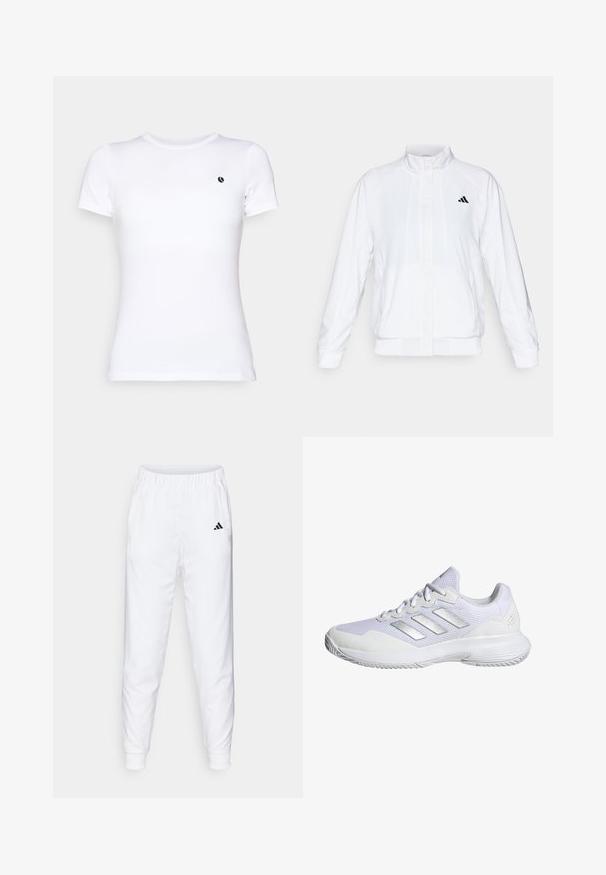 Biela športová bunda so stojatým golierom, dlhými rukávmi a zipsom vpredu. Obsahuje čierne logo na hornej ľavej strane. Hladká textúra.; Biely krátky rukáv tričko vyrobené z hladkej bavlny. Má malé čierne logo na hrudi, okrúhly výstrih a klasický strih.; Biele športové nohavice s elastickým pásom a manžetami. Obsahujú bočné vrecká a malé čierne logo na ľavom stehne. Hladký povrch tkaniny.; Biele atletické tenisky s priedušnou sieťovinou, textúrovanými panelmi a striebornými akcentmi. Majú odpruženú podrážku a guľatý špičkový dizajn.