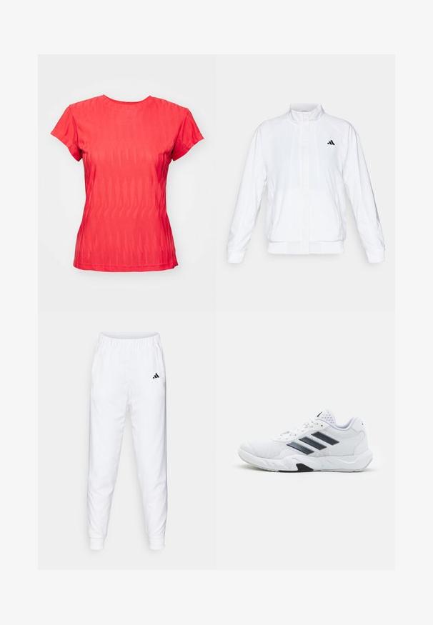 Bílá sportovní bunda se stojáčkem, dlouhými rukávy a zipem vpředu. Obsahuje černé logo na horní levé straně. Hladká textura.; Červené tričko s krátkým rukávem s texturovaným vlnitým vzorem, kulatým výstřihem a mírně volným střihem. Materiál vypadá lehce a prodyšně.; Bílé sportovní kalhoty s elastickým pasem a manžetami. Mají boční kapsy a malé černé logo na levém stehně. Hladký povrch látky.; Bílé sportovní boty s vrškem ze síťoviny, třemi černými pruhy po stranách, texturovanými akcenty a odolnou gumovou podrážkou s kontrastní černou částí.