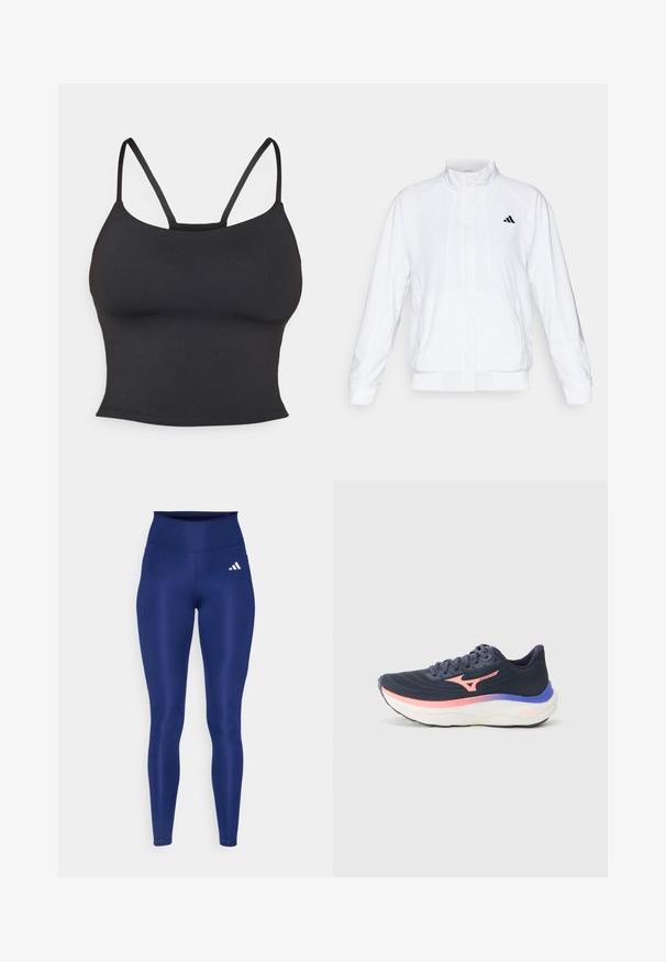 Casaco atlético branco com colarinho alto, mangas longas e fecho à frente com zip. Apresenta um logotipo preto no lado superior esquerdo. Textura suave.; Camisola preta justa, feita de tecido suave, com alças finas e decote redondo, sem padrões ou acentos adicionais.; Leggings azul marinho feitos de material elástico com uma cintura alta. Apresenta um logo branco da Adidas na coxa esquerda frontal.; Sapatilha de corrida navy com parte superior em malha, realces em rosa e roxo, uma entressola branca espessa e sola texturizada para aderência. Detalhes dos atacadores e do logótipo visíveis.
