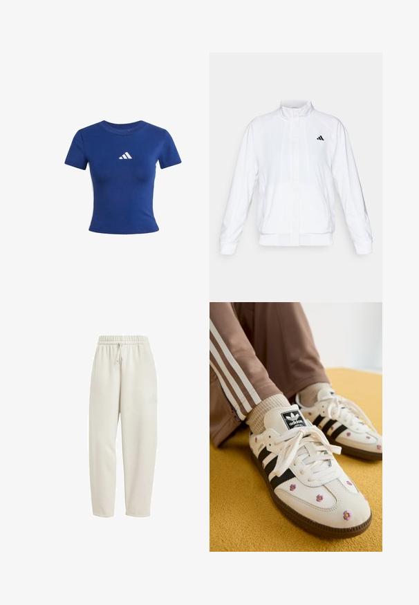 Bílá sportovní bunda se stojáčkem, dlouhými rukávy a zipem vpředu. Obsahuje černé logo na horní levé straně. Hladká textura.; Modré bavlněné tričko s krátkým rukávem, na hrudi s bílým logem Adidas a kontrastními bílými postranními panely.; Světlé béžové tepláky vyrobené z měkké látky, s elastickým pasem na šňůrku a decentním logem na boku.; Bílé kožené tenisky se třemi černými pruhy a květinovou výšivkou v purpurové a žluté barvě. Hnědá gumová podrážka. Spárované s béžovými žebrovanými ponožkami.