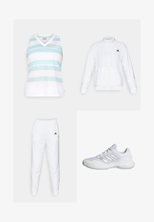 Fehér sportdzseki álló gallérral, hosszú ujjal és cipzáros elülső résszel. A bal felső oldalon fekete logó található. Simább textúrája van.; Ujjatlan sporttop fehér színben, világoskék csíkokkal. A V-nyakú kialakítás légáteresztő textúrával rendelkezik, elöl a "HEAD" logóval.; Fehér sportnadrág, rugalmas derékrésszel és mandzsettákkal. Oldalsó zsebekkel és egy kis fekete logóval a bal combon. Simább szövet felület.; Fehér sportcipő, hálós felsőrésszel, texturált panelekkel és ezüst részletekkel. Jellemzője a párnázott talp és a kerek orrdesign.