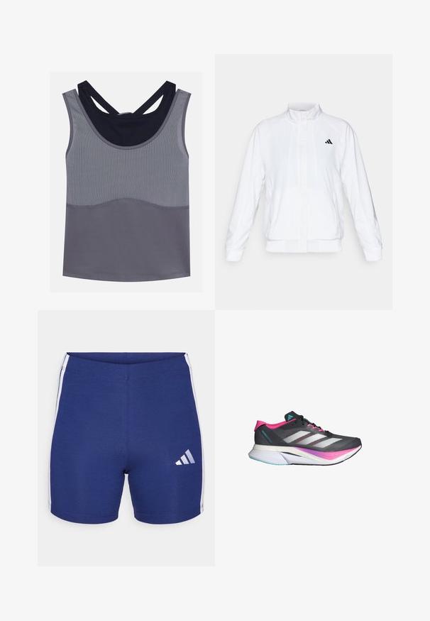 Giacca sportiva bianca con colletto alto, maniche lunghe e zip frontale. Presenta un logo nero nella parte superiore sinistra. Texture liscia.; Canottiera atletica grigia con scollo rotondo, design racerback e accenti blu navy a contrasto. Presenta un tessuto testurizzato e una costruzione senza cuciture.; Pantaloni sportivi blu navy realizzati in tessuto elasticizzato, con strisce laterali bianche e un logo Adidas riflettente sulla gamba sinistra.; Scarpa da corsa con una tomaia in mesh grigia, dettagli in rosa e strisce bianche. Presenta una suola ammortizzata e un design slanciato e aerodinamico.