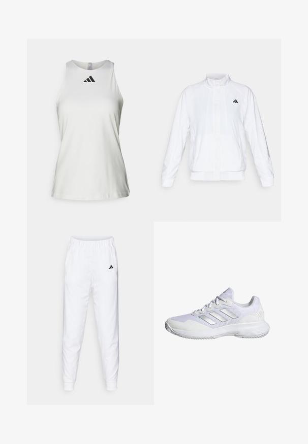 Giacca sportiva bianca con colletto alto, maniche lunghe e zip frontale. Presenta un logo nero nella parte superiore sinistra. Texture liscia.; Maglietta sportiva bianca senza maniche realizzata in tessuto liscio, con scollatura rotonda e logo Adidas nero sul davanti.; Pantaloni sportivi bianchi con vita e polsini elastici. Presentano tasche laterali e un piccolo logo nero sulla coscia sinistra. Finitura in tessuto liscia.; Scarpa da ginnastica bianca con tomaia in rete, pannelli testurizzati e accenti argentati. Presenta una suola ammortizzata e un design a punta tonda.