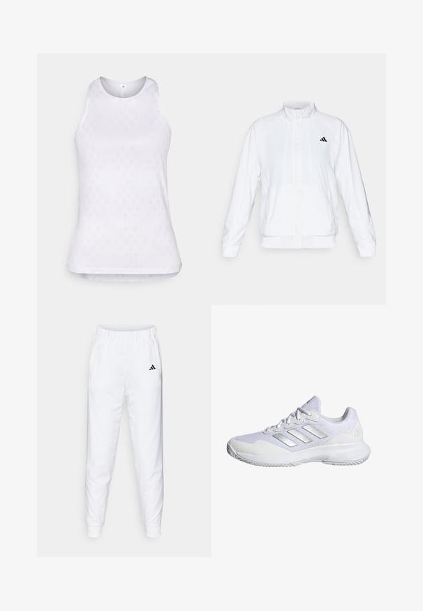 Balts sporta žakets ar stāvām apkaklēm, garām piedurknēm un rāvējslēdzēja priekšpusi. Tam ir melns logo augšējā kreisajā pusē. Gluda tekstūra.; Baltā bezpiedurkņu sporta blūze, kas izgatavota no sieta auduma, ar teksturētu dimanta rakstu visā blūzē un noapaļotu kakla izgriezumu.; Baltas sporta bikses ar elastīgu jostasvietu un piedurknēm. Satur sānu kabatas un mazu melnu logo kreisajā augšstilbā. Gluda auduma apdare.; Baltas sporta apavi ar sieta virsējo daļu, teksturētām paneļiem un sudraba akcentiem. Iezīmēts ar polsterētu zoli un apaļu pirksta dizainu.