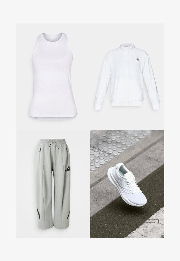 Weiße Sportjacke mit Stehkragen, langen Ärmeln und Reißverschluss vorne. Mit einem schwarzen Logo auf der oberen linken Seite. Glatte Textur.; Weißes ärmelloses Sportoberteil aus Mesh-Gewebe, das ein strukturiertes Diamantmuster aufweist und einen runden Halsausschnitt hat.; Hellgraue Jogginghose aus weichem Stoff mit einem elastischen Bund, Kordelzug und schwarzen Akzenten an den Taschen und Seiten.; Weiße Sportschuhe mit einem Obermaterial aus Mesh, Schnürdesign und strukturiertem Sohlen. Dezente Branding- und nahtlose Konstruktionsdetails sichtbar.