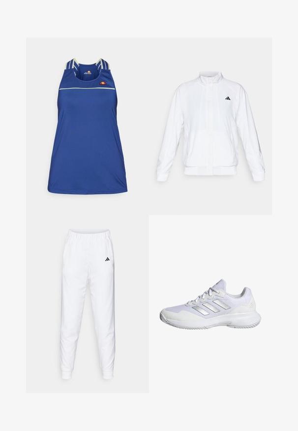 Balts sporta žakets ar stāvām apkaklēm, garām piedurknēm un rāvējslēdzēja priekšpusi. Tam ir melns logo augšējā kreisajā pusē. Gluda tekstūra.; Zils bez piedurknēm sporta tops, izgatavots no gludas materiāla, ar plānām baltām horizontālām joslām un daudzkrāsainu logotipu uz krūšu.; Baltas sporta bikses ar elastīgu jostasvietu un piedurknēm. Satur sānu kabatas un mazu melnu logo kreisajā augšstilbā. Gluda auduma apdare.; Baltas sporta apavi ar sieta virsējo daļu, teksturētām paneļiem un sudraba akcentiem. Iezīmēts ar polsterētu zoli un apaļu pirksta dizainu.